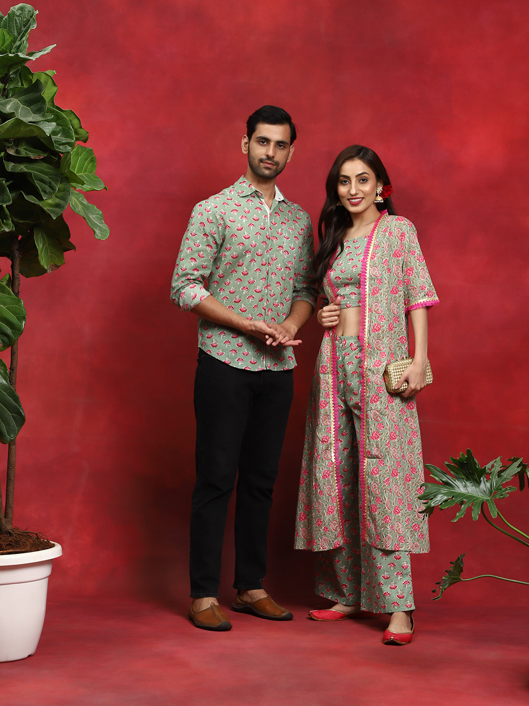 Pastel Green Floral Print Couple Combo