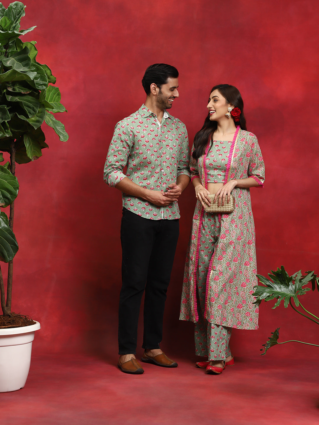 Pastel Green Floral Print Couple Combo