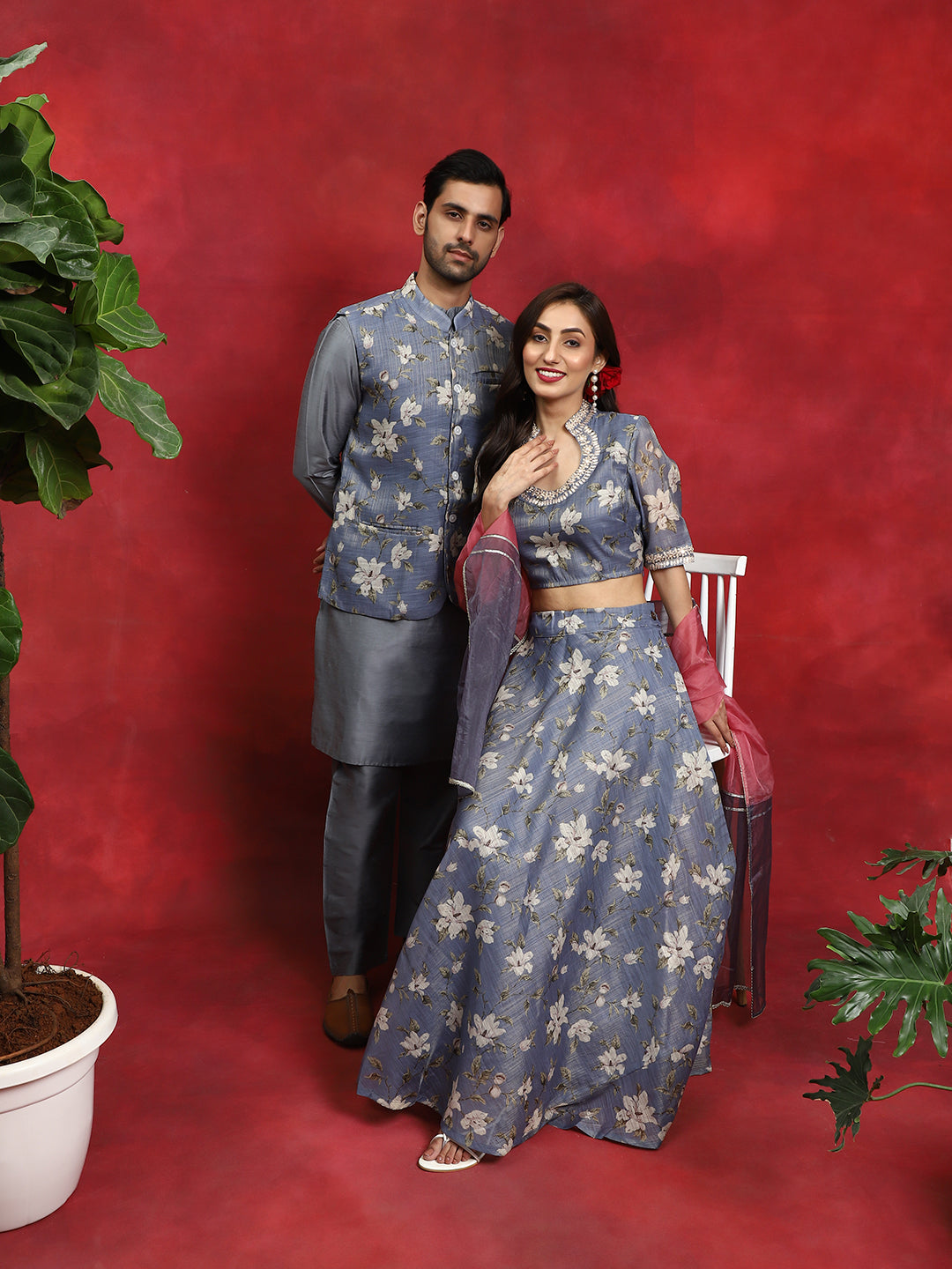 Grey Floral Print Couple Combo - Elganza