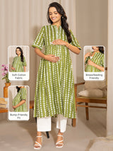 Green Cotton Block Printed Gathered Maternity Kurta