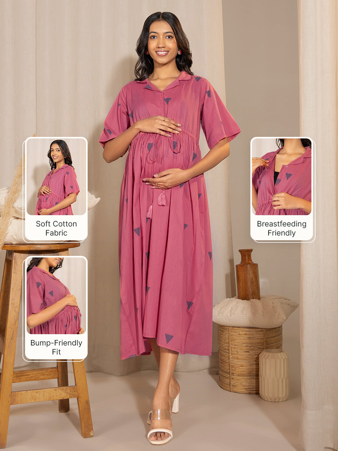 Pink Cotton Geometric Gathered Maternity Dress