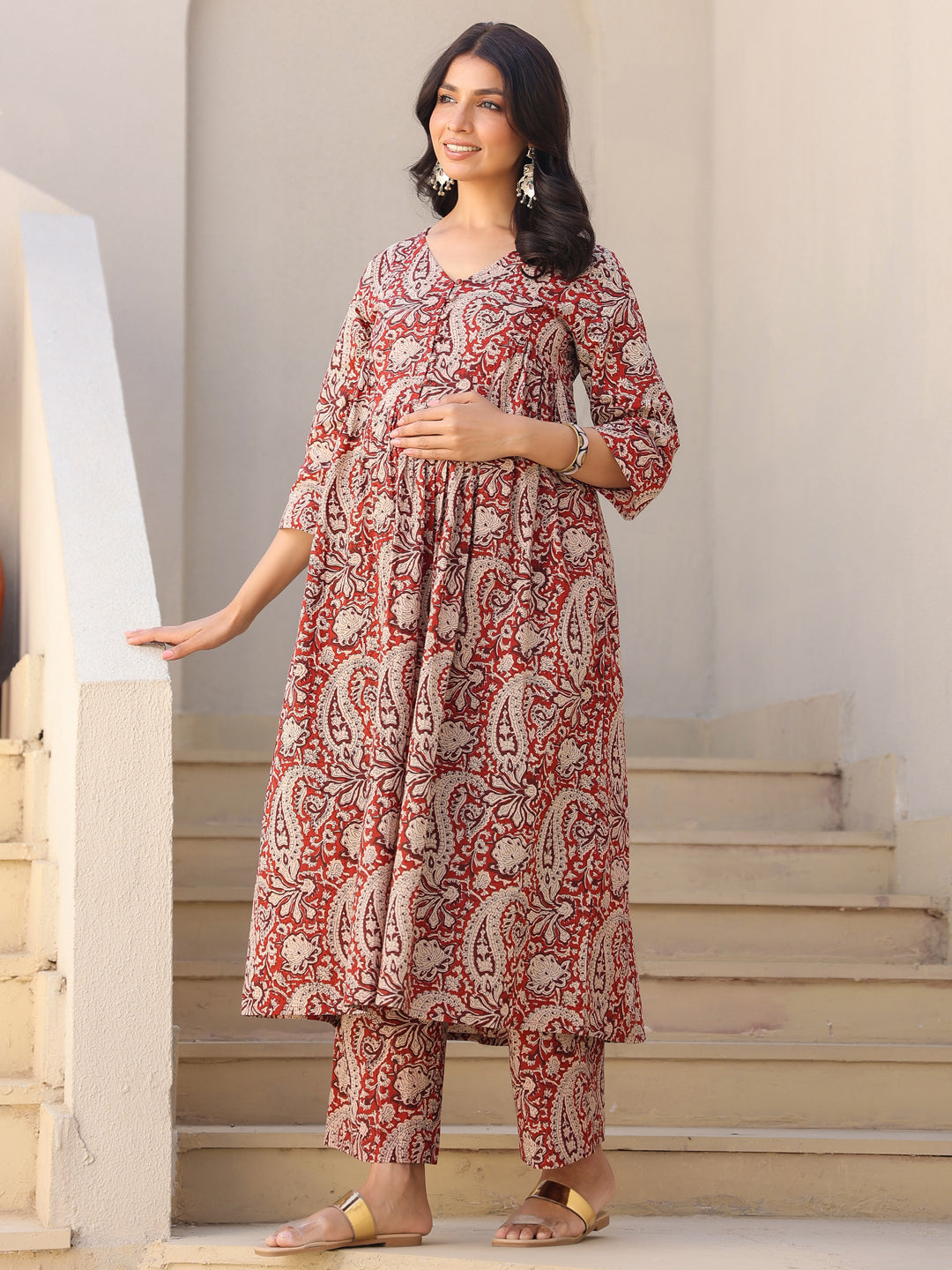 Maroon Pure Cotton Paisley Maternity Kurta Pant Set