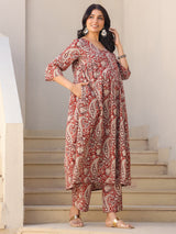 Maroon Pure Cotton Paisley Maternity Kurta Pant Set
