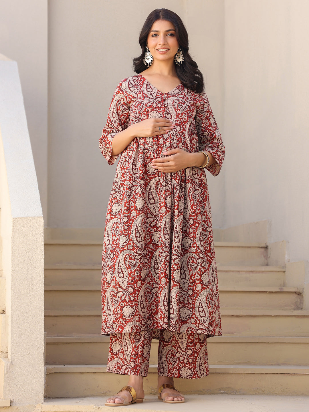 Maroon Pure Cotton Paisley Maternity Kurta Pant Set
