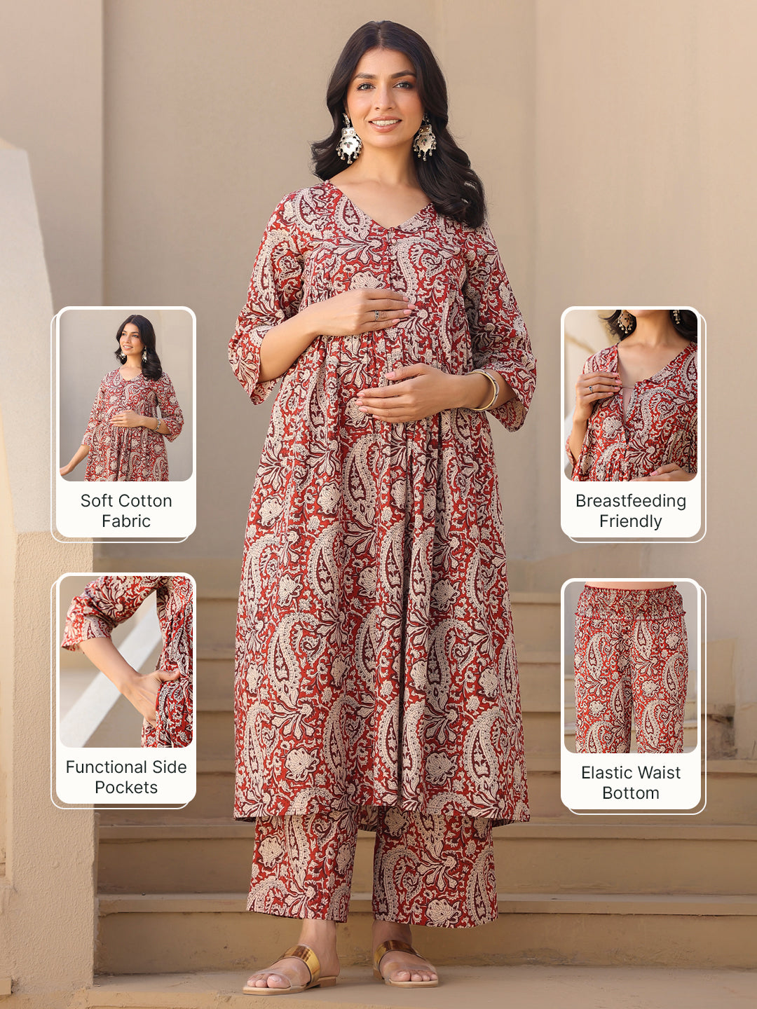 Maroon Pure Cotton Paisley Maternity Kurta Pant Set