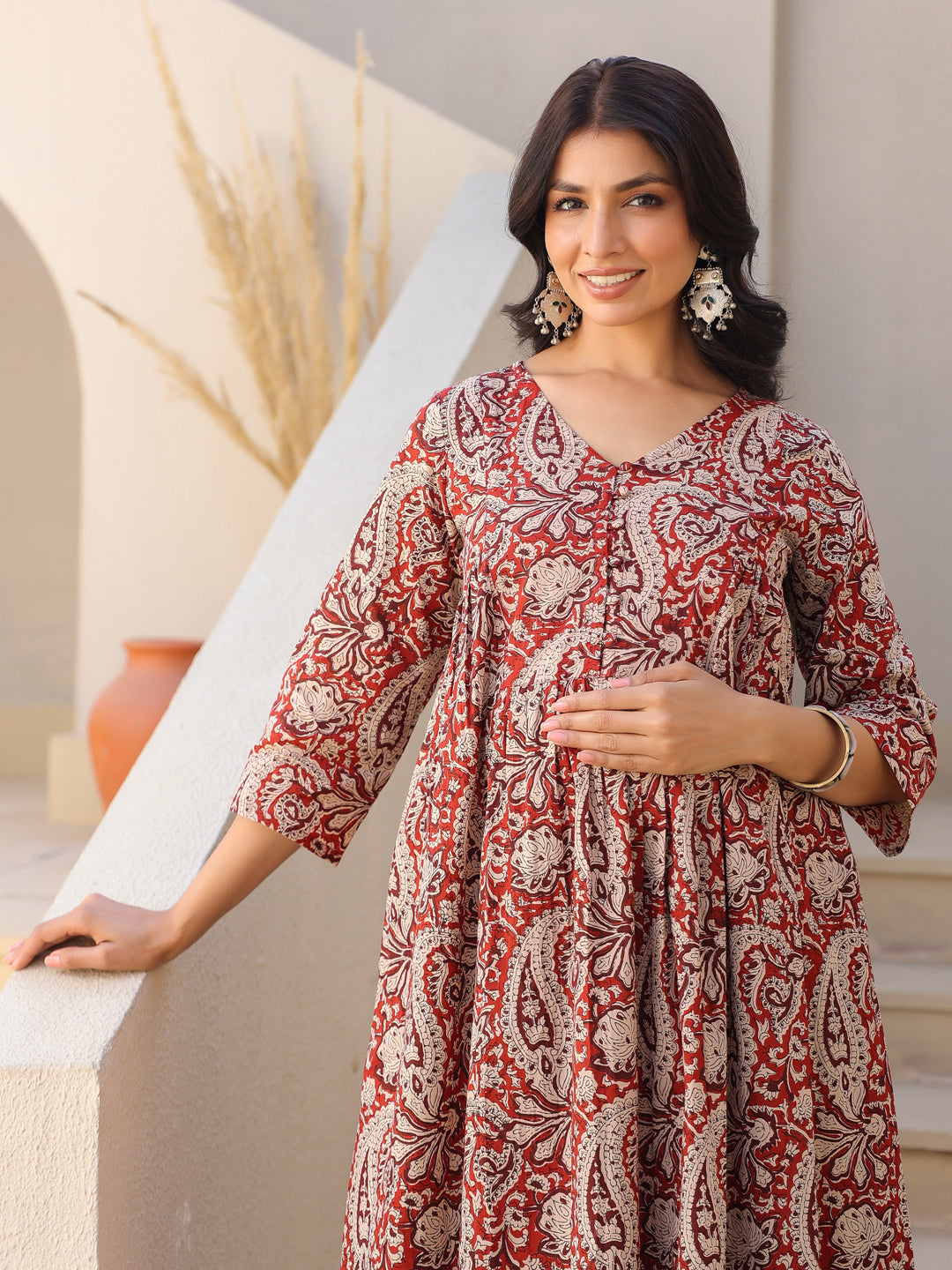 Maroon Pure Cotton Paisley Maternity Kurta Pant Set