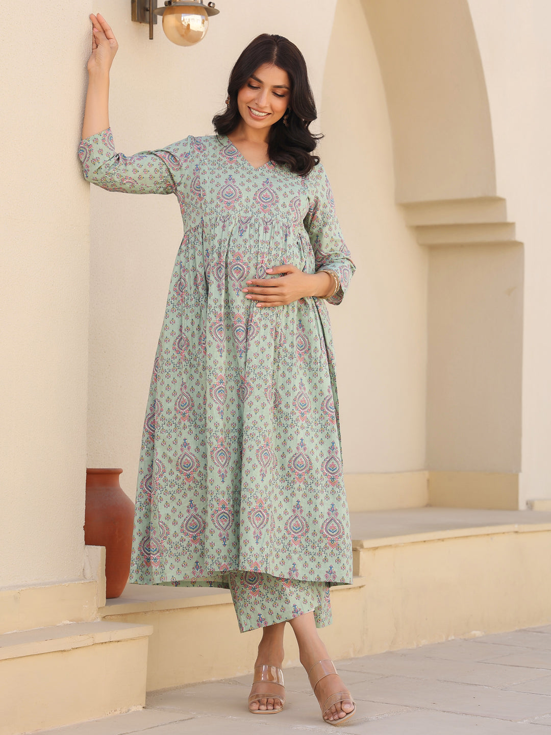 Light Green Cotton Floral Printed A-line Maternity Kurta Pant Set