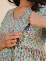 Light Green Cotton Floral Printed A-line Maternity Kurta Pant Set