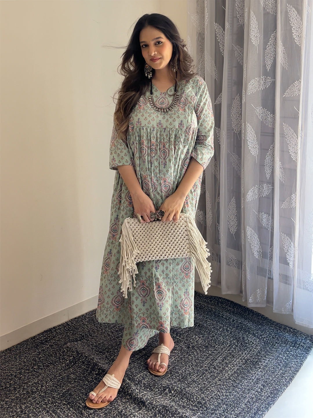 Light Green Cotton Floral Printed A-line Maternity Kurta Pant Set