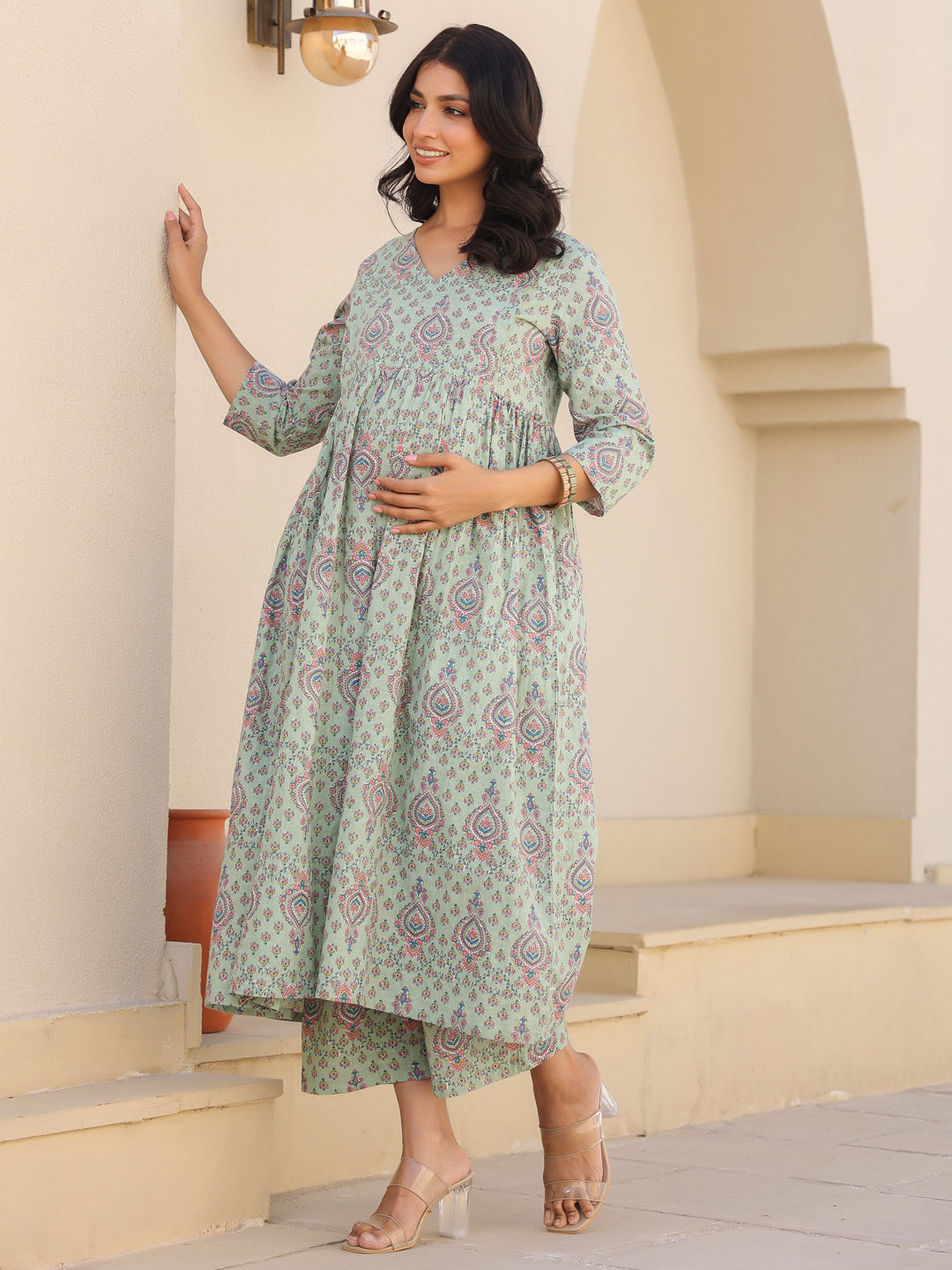 Light Green Cotton Floral Printed A-line Maternity Kurta Pant Set