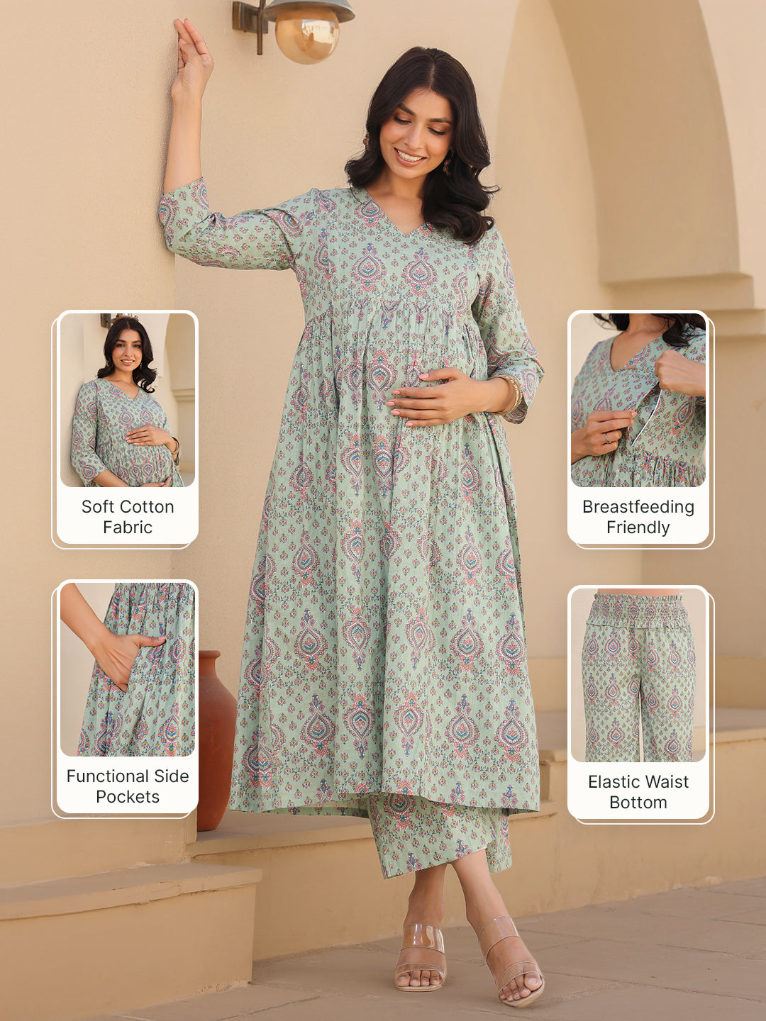 Light Green Cotton Floral Printed A-line Maternity Kurta Pant Set