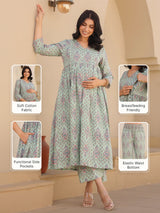 Light Green Cotton Floral Printed A-line Maternity Kurta Pant Set