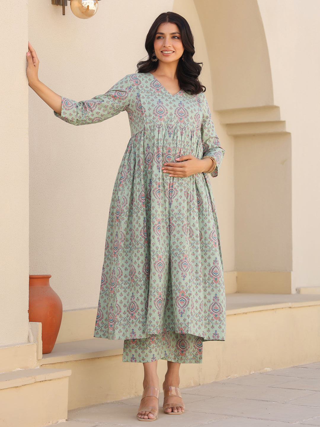 Light Green Cotton Floral Printed A-line Maternity Kurta Pant Set