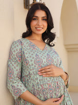 Light Green Cotton Floral Printed A-line Maternity Kurta Pant Set
