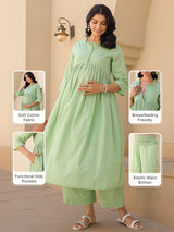 Green Dobby Pure Cotton Self Design A-line Maternity Kurta Pant Set