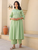 Green Dobby Pure Cotton Self Design A-line Maternity Kurta Pant Set