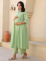 Green Dobby Pure Cotton Self Design A-line Maternity Kurta Pant Set