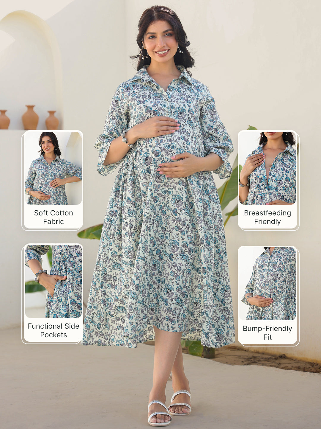 Off White Pure Cotton Floral Printed A-line Maternity Dress