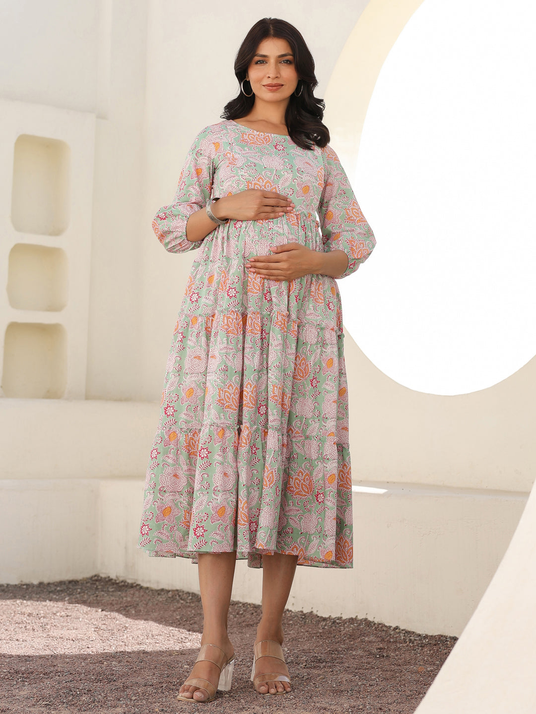 Light Green Pure Cotton Floral Printed Tiered Maternity Dress