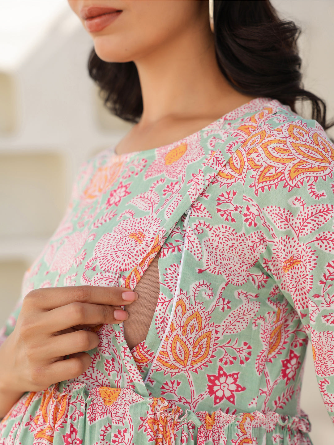 Light Green Pure Cotton Floral Printed Tiered Maternity Dress