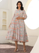 Light Green Pure Cotton Floral Printed Tiered Maternity Dress