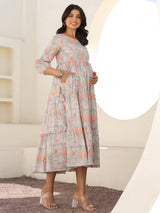 Light Green Pure Cotton Floral Printed Tiered Maternity Dress