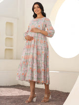Light Green Pure Cotton Floral Printed Tiered Maternity Dress