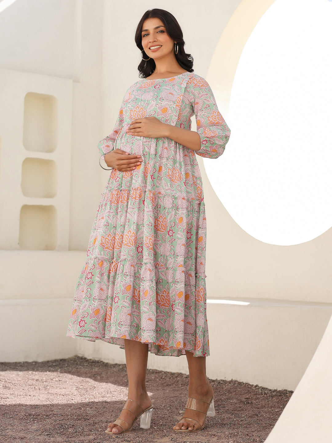 Light Green Pure Cotton Floral Printed Tiered Maternity Dress
