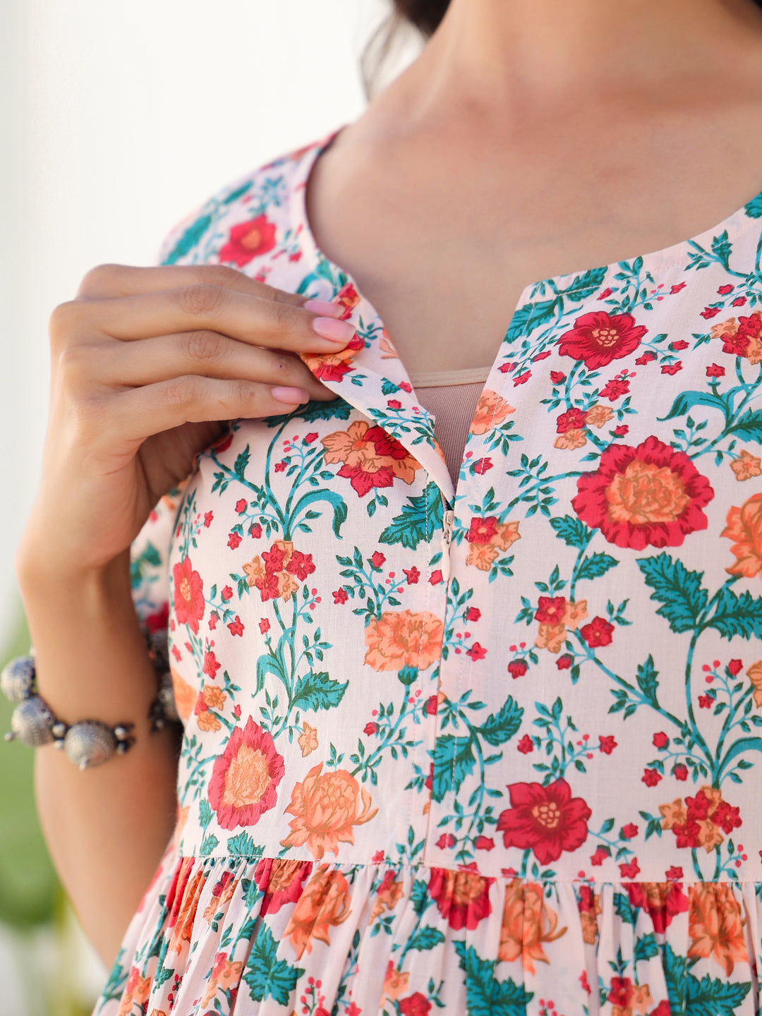 Peach Pure Cotton Floral Printed Fit & Flare Maternity Dress