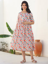Peach Pure Cotton Floral Printed Fit & Flare Maternity Dress