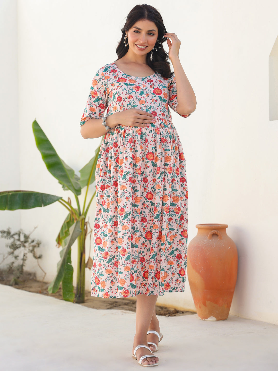 Peach Pure Cotton Floral Printed Fit & Flare Maternity Dress