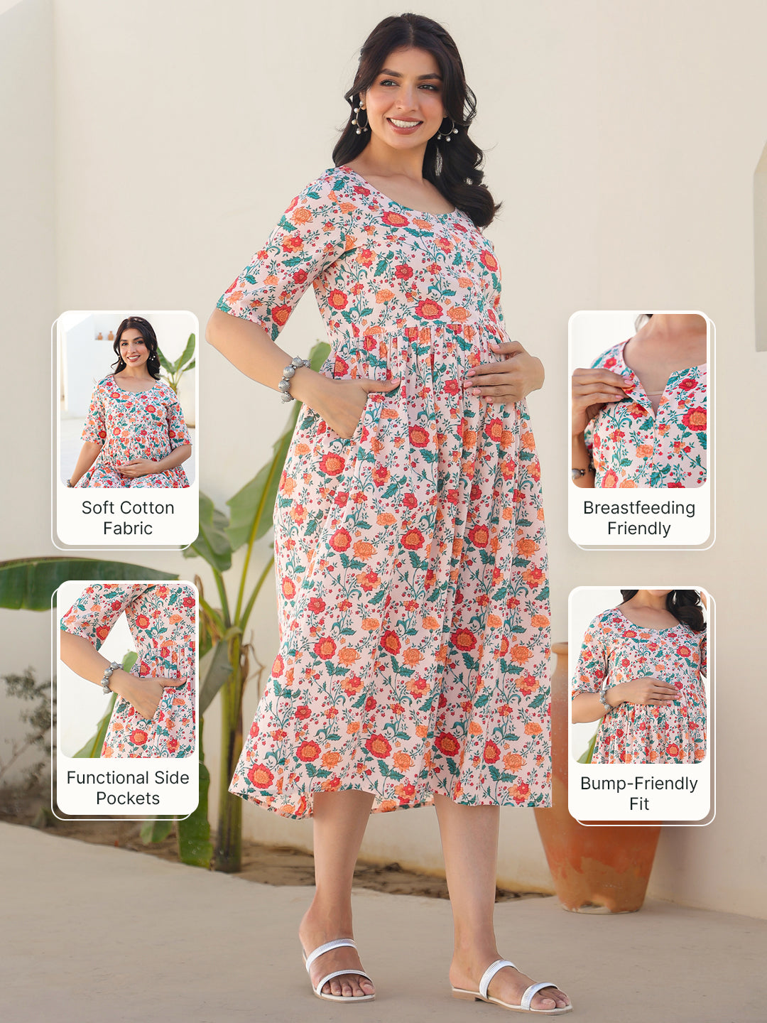 Peach Pure Cotton Floral Printed Fit & Flare Maternity Dress