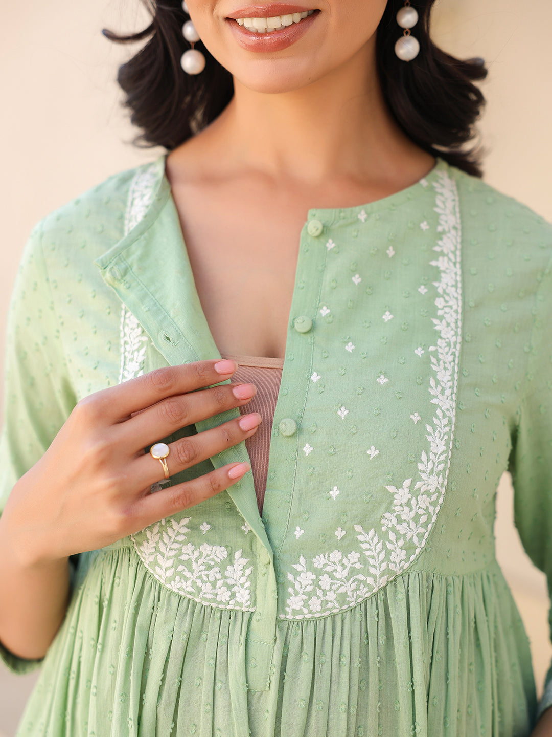 Women's Light Green Dobby Pure Cotton Yoke Embroidered A line Maternity Kurta Pant Set