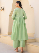 Women's Light Green Dobby Pure Cotton Yoke Embroidered A line Maternity Kurta Pant Set