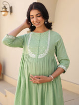 Women's Light Green Dobby Pure Cotton Yoke Embroidered A line Maternity Kurta Pant Set