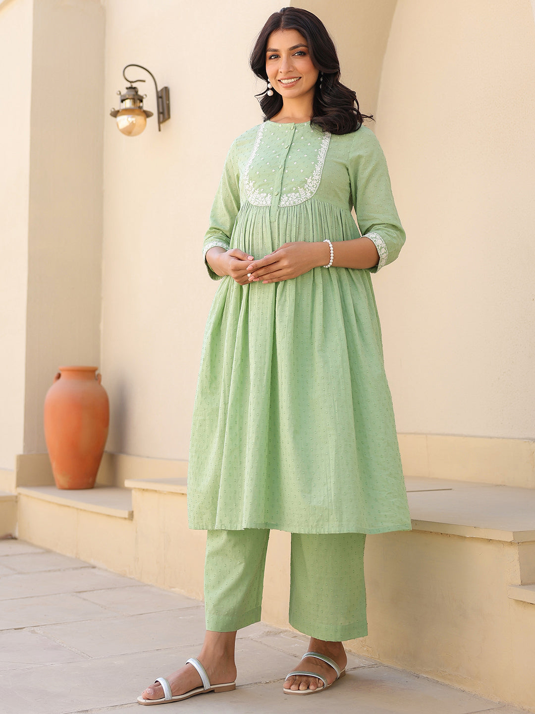 Women's Light Green Dobby Pure Cotton Yoke Embroidered A line Maternity Kurta Pant Set