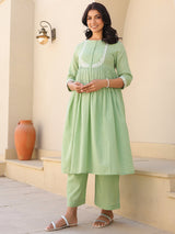 Women's Light Green Dobby Pure Cotton Yoke Embroidered A line Maternity Kurta Pant Set