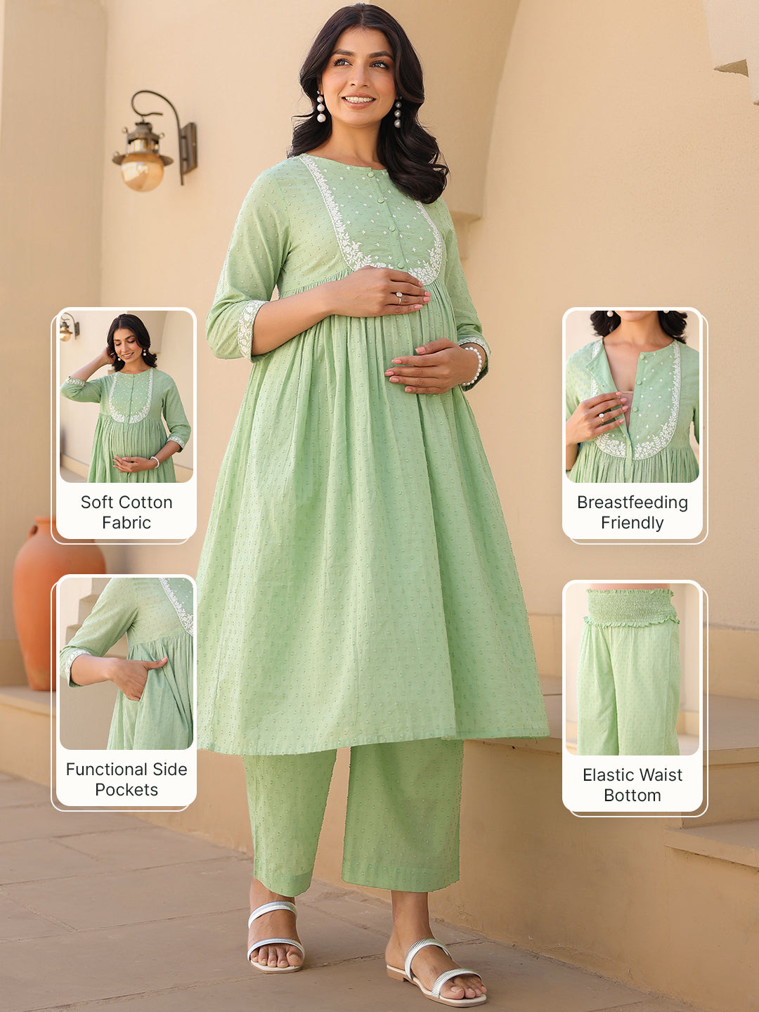 Women's Light Green Dobby Pure Cotton Yoke Embroidered A line Maternity Kurta Pant Set