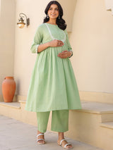 Women's Light Green Dobby Pure Cotton Yoke Embroidered A line Maternity Kurta Pant Set