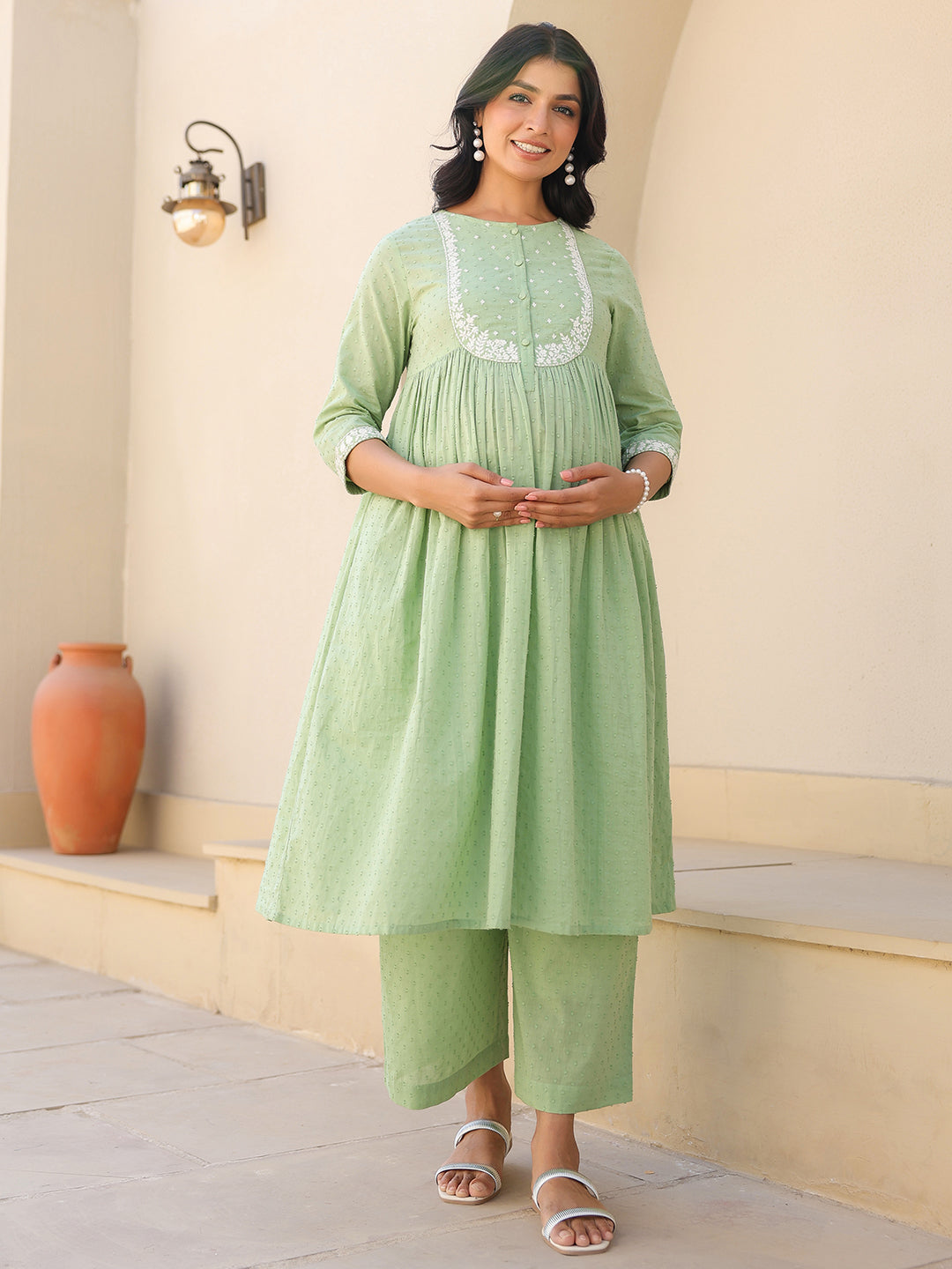 Women's Light Green Dobby Pure Cotton Yoke Embroidered A line Maternity Kurta Pant Set