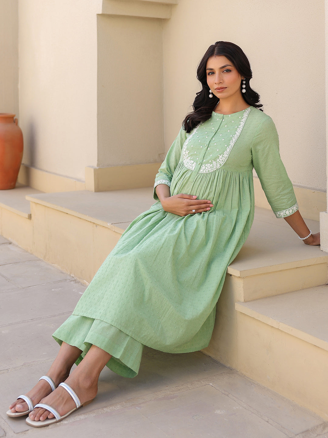 Women's Light Green Dobby Pure Cotton Yoke Embroidered A line Maternity Kurta Pant Set