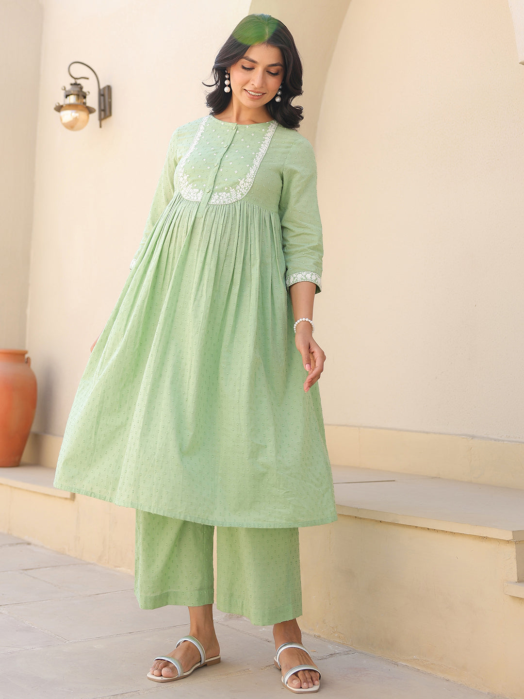 Women's Light Green Dobby Pure Cotton Yoke Embroidered A line Maternity Kurta Pant Set