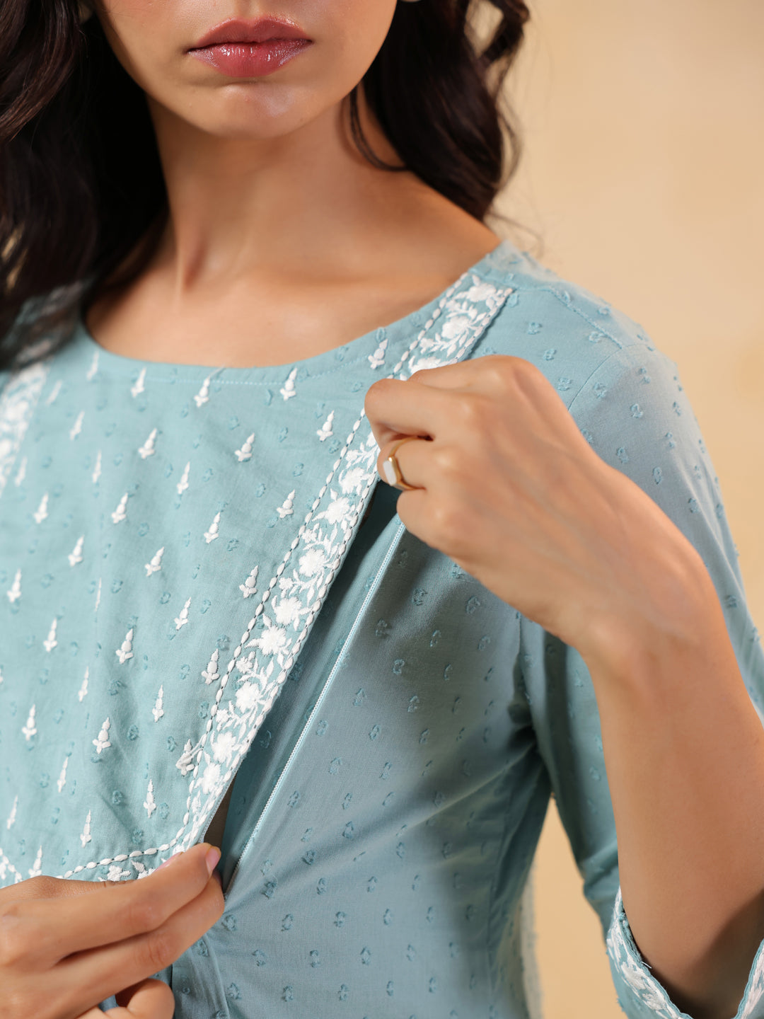 Women's Light Blue Dobby Pure Cotton Yoke Embroidered A-line Maternity Kurta Pant Set