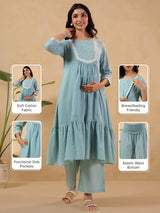 Women's Light Blue Dobby Pure Cotton Yoke Embroidered A-line Maternity Kurta Pant Set