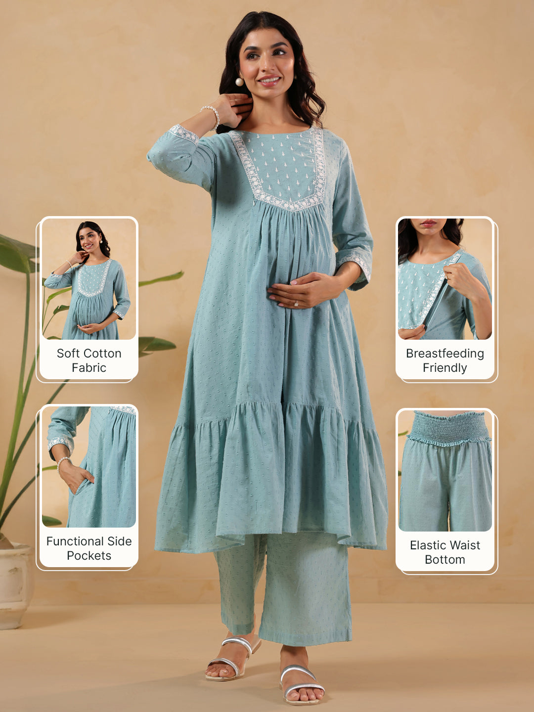Women's Light Blue Dobby Pure Cotton Yoke Embroidered A-line Maternity Kurta Pant Set