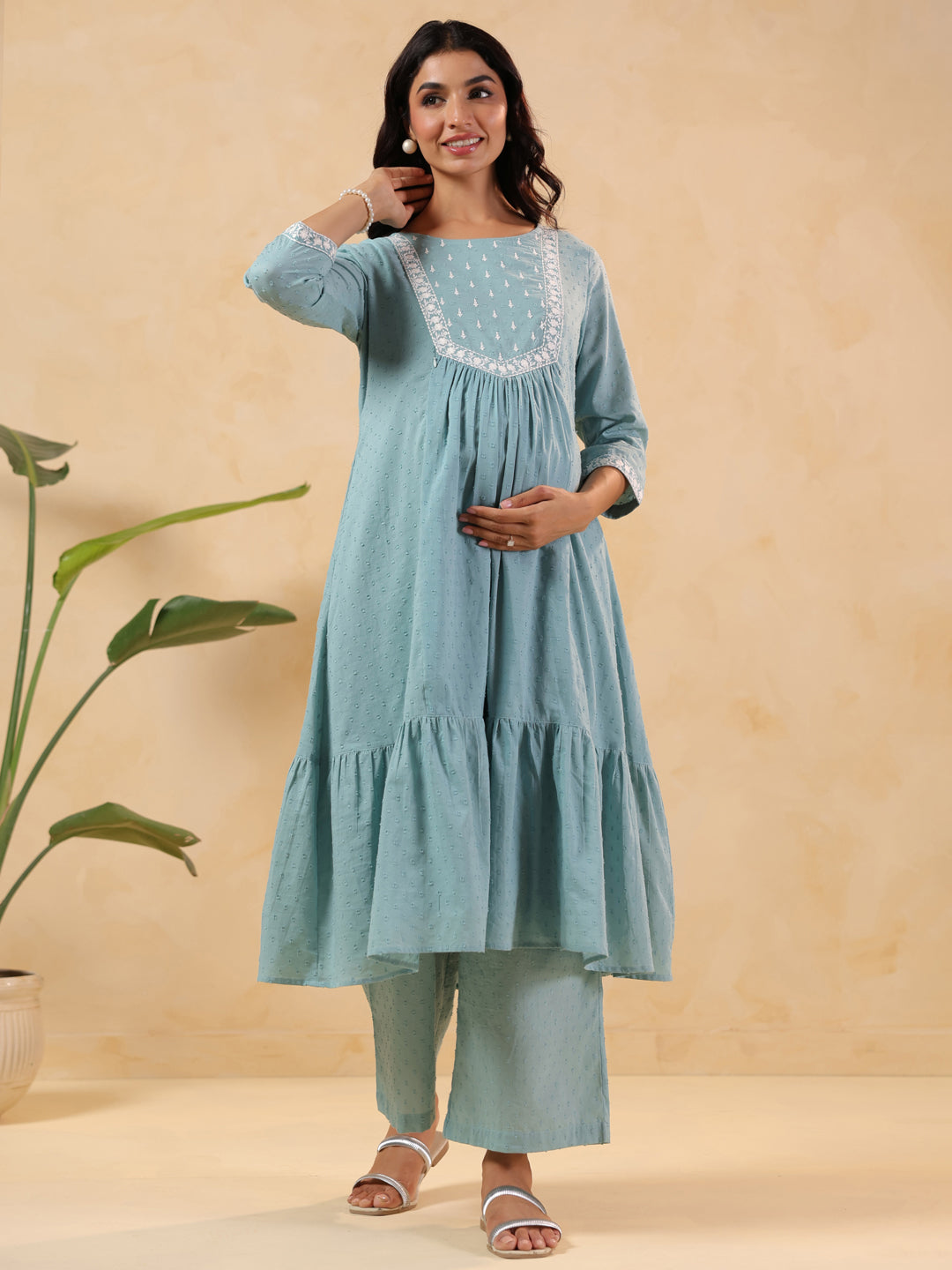 Women's Light Blue Dobby Pure Cotton Yoke Embroidered A-line Maternity Kurta Pant Set
