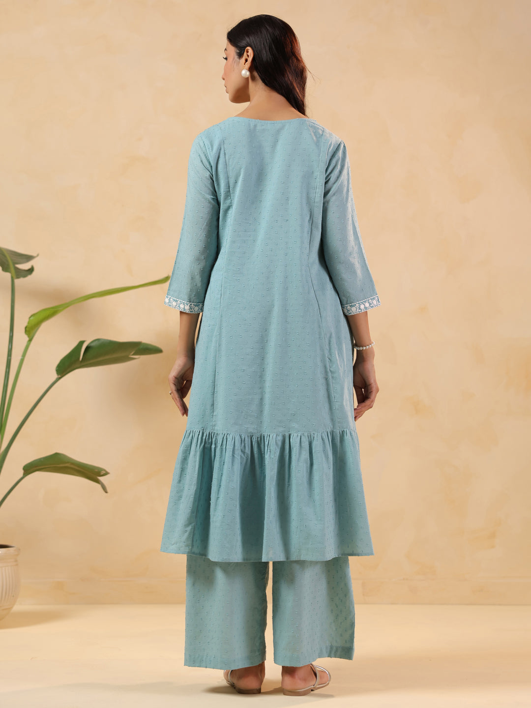 Women's Light Blue Dobby Pure Cotton Yoke Embroidered A-line Maternity Kurta Pant Set