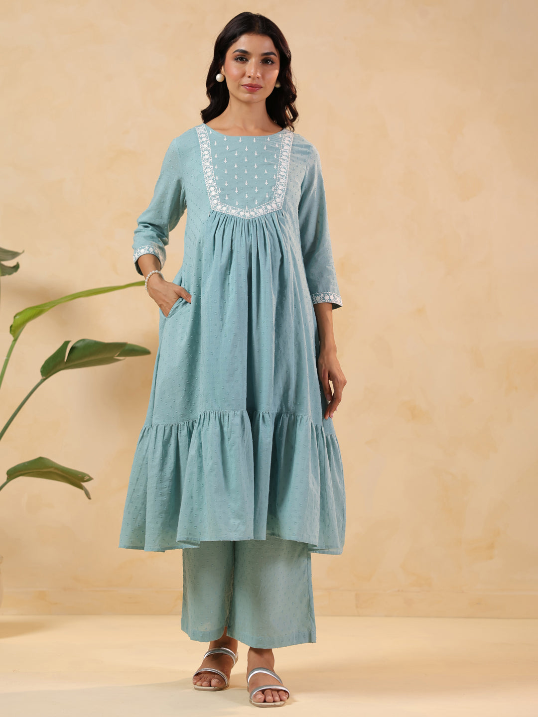 Women's Light Blue Dobby Pure Cotton Yoke Embroidered A-line Maternity Kurta Pant Set