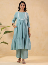 Women's Light Blue Dobby Pure Cotton Yoke Embroidered A-line Maternity Kurta Pant Set