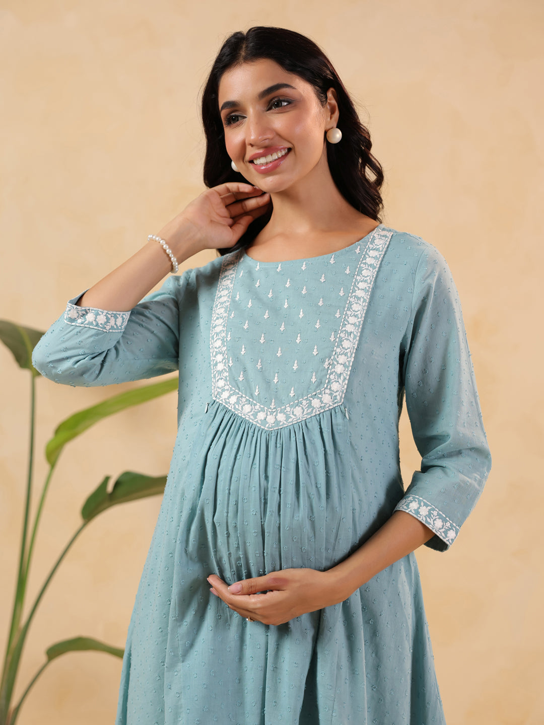 Women's Light Blue Dobby Pure Cotton Yoke Embroidered A-line Maternity Kurta Pant Set